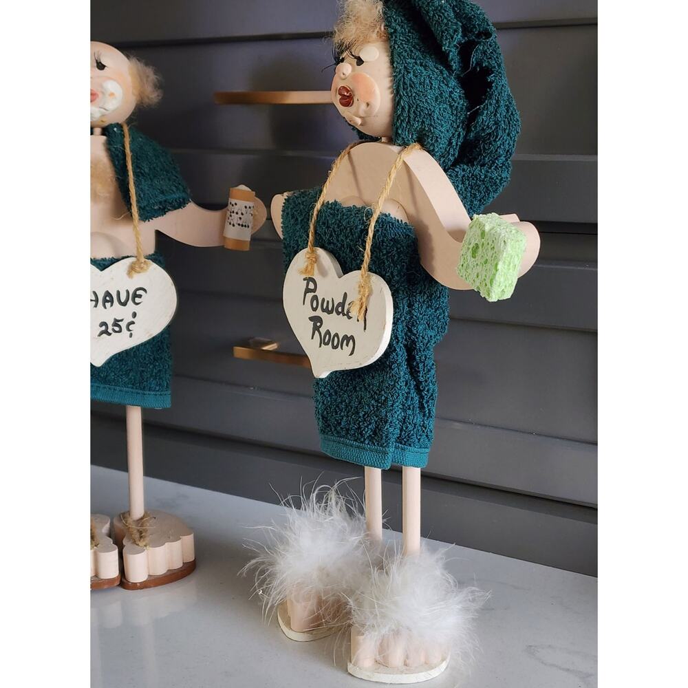 RARE Vintage His & Hers Bathroom Buddy Dolls Whimsical Wooden Folk Art Decor - Picture 5 of 13